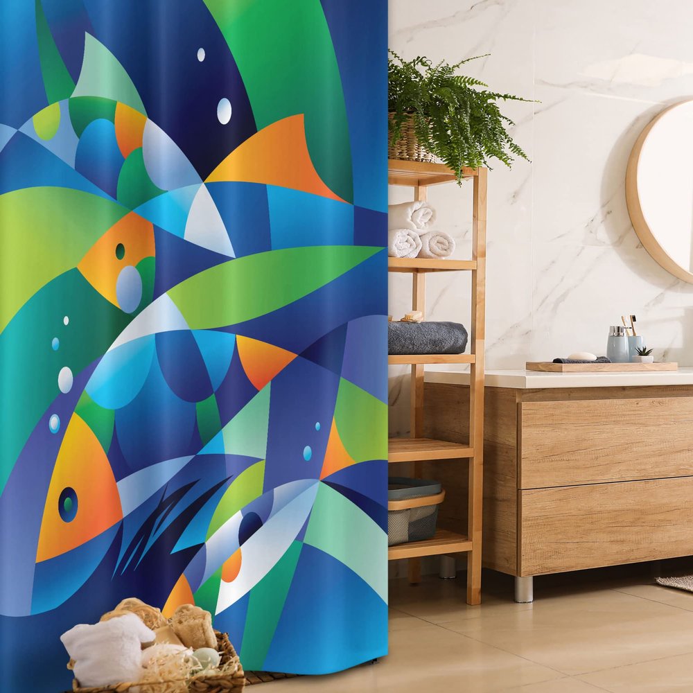 Ambesonne Ocean Stall Shower Curtain, Abstract Digital Geometric Pieced Fish Circle Curves Depths of The Sea Theme, Fabric Bathroom Decor Set with Hooks, 36" W x 72" L, Soft Blue Lime Green Sea Blue