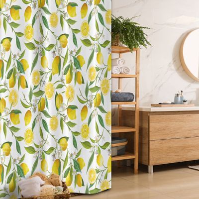 Ambesonne Nature Stall Shower Curtain, Exotic Lemon Tree Branches Yummy Delicious Kitchen Gardening Design, Fabric Bathroom Decor Set with Hooks, 36" W x 72" L, Fern Green Yellow White