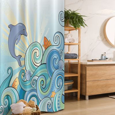 Ambesonne Sea Animals Stall Shower Curtain, Dolphin Fish Starfish Shells in Ocean Marine in Summer Pattern Print, Fabric Bathroom Decor Set with Hooks, 36" W x 72" L, Cream Cadet Blue Sea Blue