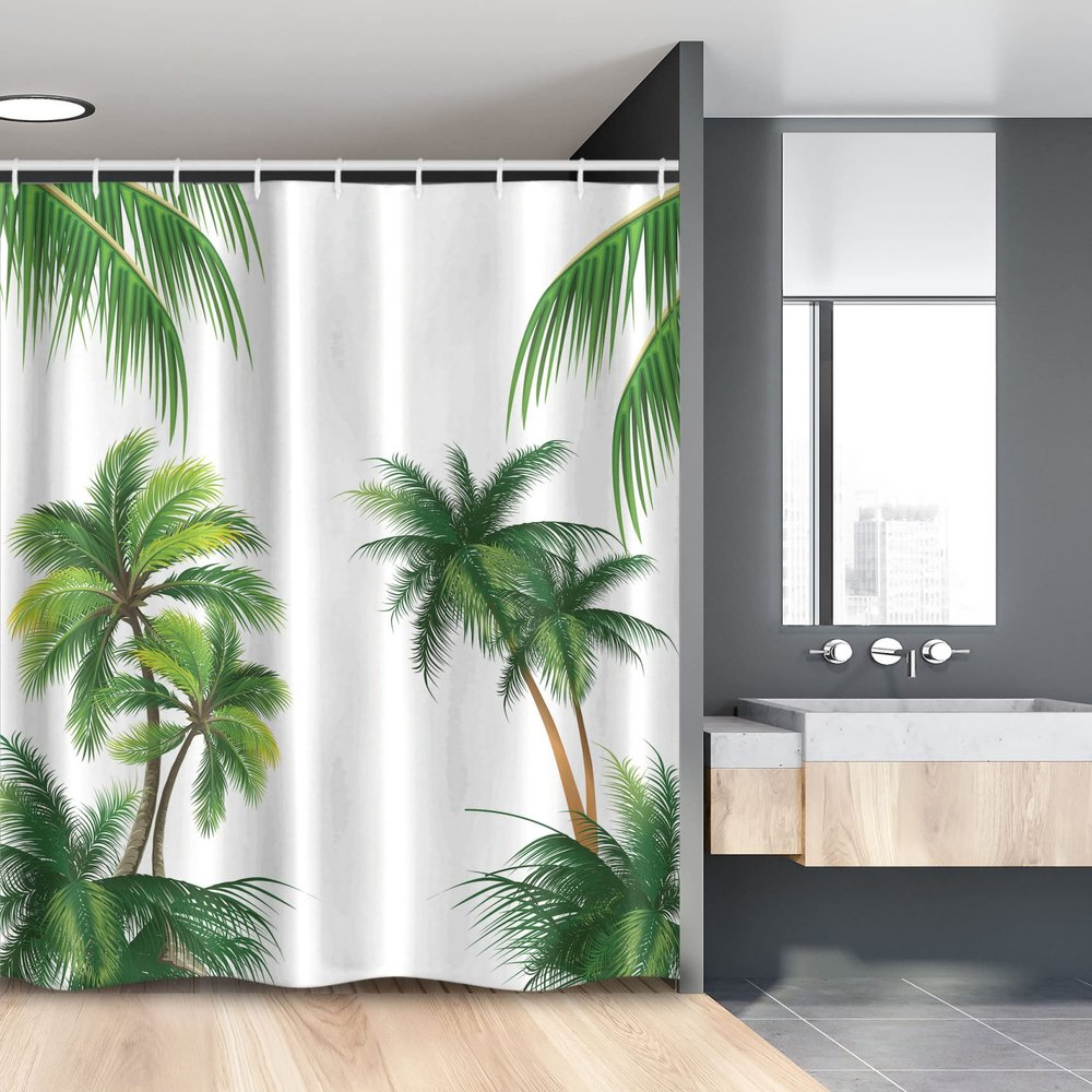 Ambesonne Tropical Stall Shower Curtain, Coconut Palm Tree Nature Paradise Plants Foliage Leaves Digital Illustration, Fabric Bathroom Decor Set with Hooks, 54" W x 78" L, Hunter Green