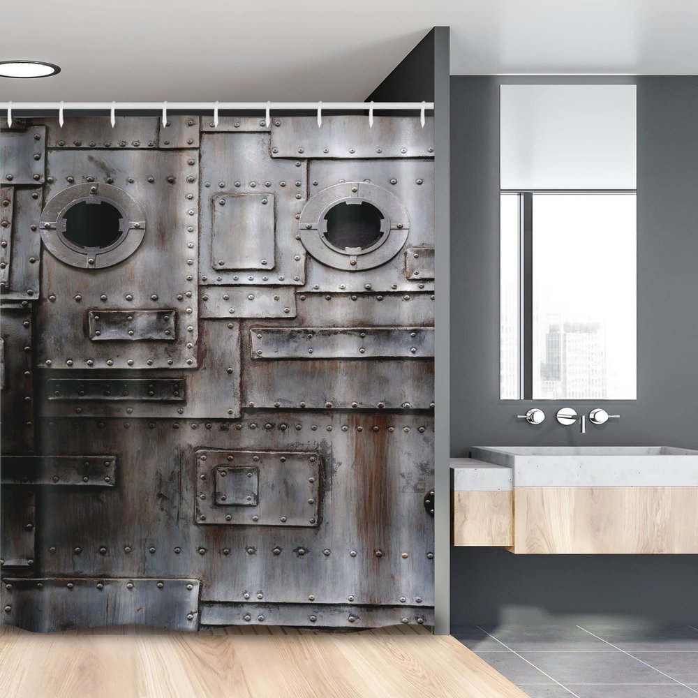 Ambesonne Industrial Stall Shower Curtain, Rusty Iron Porthole Grunge Scratched Steel Factory Entrance Retro Image, Fabric Bathroom Decor Set with Hooks, 54" W x 78" L, Dark Taupe