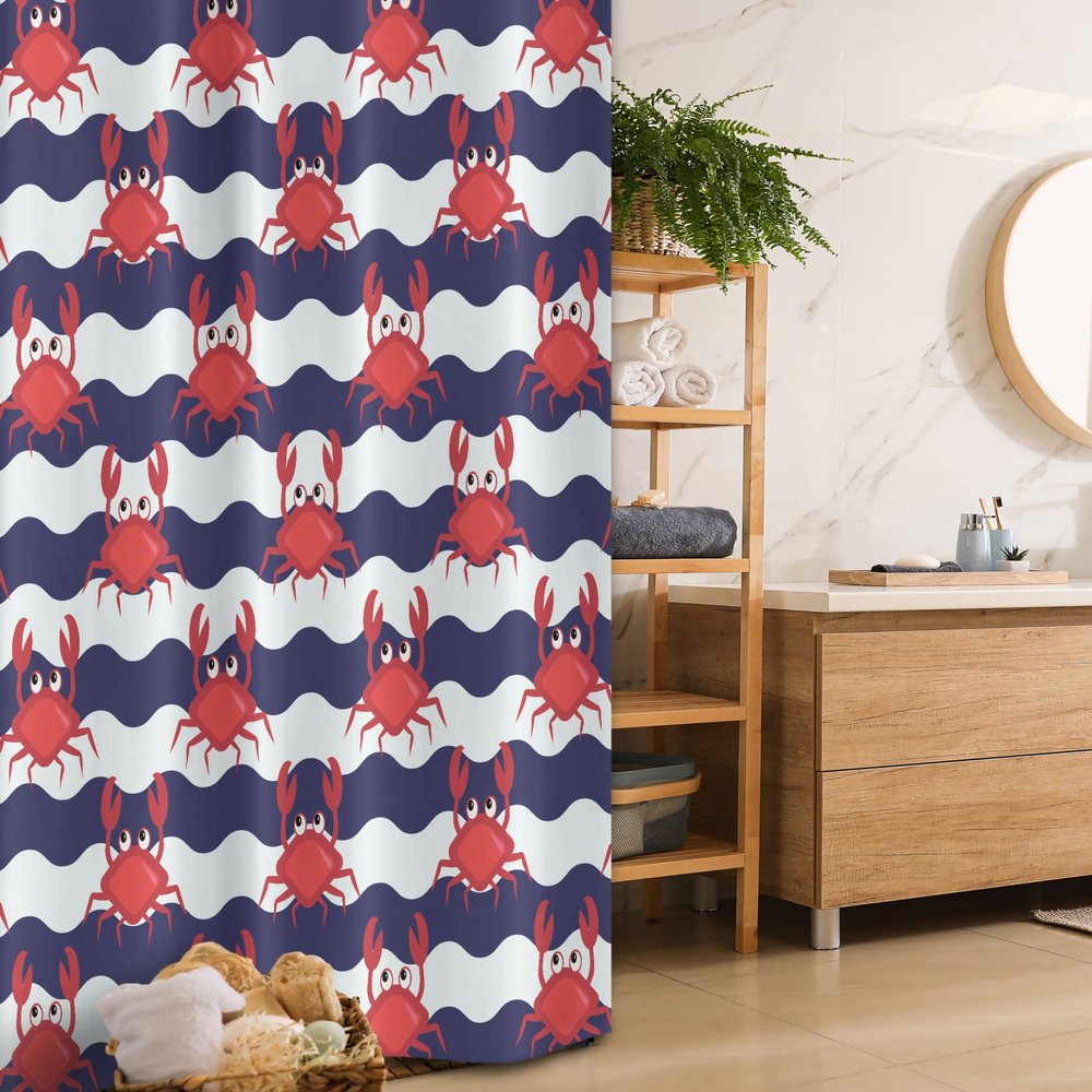 Ambesonne Crabs Stall Shower Curtain, Nautical Maritime Theme Crabs on Striped Background Illustration Print, Fabric Bathroom Decor Set with Hooks, 36" W x 72" L, Red and Navy Blue