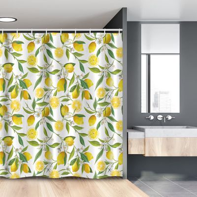 Ambesonne Nature Stall Shower Curtain, Exotic Lemon Tree Branches Yummy Delicious Kitchen Gardening Design, Fabric Bathroom Decor Set with Hooks, 54" W x 78" L, Fern Green Yellow White