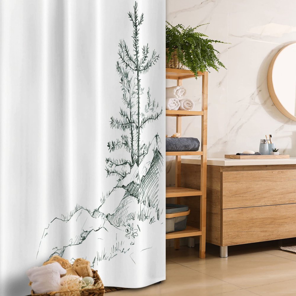 Ambesonne Sketchy Stall Shower Curtain, Young Thin Pine Trees on Rocks Ecology Forest Park Habitat Landscape Sketch Print, Fabric Bathroom Decor Set with Hooks, 36" W x 72" L, White Charcoal