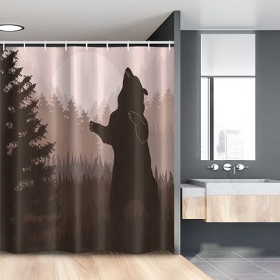 Ambesonne Nature Stall Shower Curtain, Silhouette of Wild Bear in The Jungle Woodland at Dark Night Illustration, Fabric Bathroom Decor Set with Hooks, 54" W x 78" L, Army Green Pale Peach