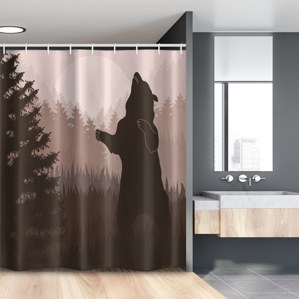 Ambesonne Nature Stall Shower Curtain, Silhouette of Wild Bear in The Jungle Woodland at Dark Night Illustration, Fabric Bathroom Decor Set with Hooks, 54" W x 78" L, Army Green Pale Peach