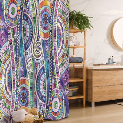 Ambesonne Floral Stall Shower Curtain, Geometric Mosaic Style Colorful Illustration Flower Pattern Ornamental Doodle Art, Fabric Bathroom Decor Set with Hooks, 36" W x 72" L, Purple Green