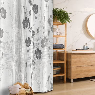 Ambesonne Flower Stall Shower Curtain, Blooming Buds and Hibiscus Flowers Simple Striped Crossed Pattern Print, Fabric Bathroom Decor Set with Hooks, 36" W x 72" L, Ivory Grey