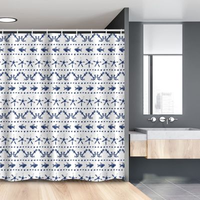 Ambesonne Navy Blue Stall Shower Curtain, Illustration Yatch Themed Design Fish Starfish Anchor Nautical Marine Print, Fabric Bathroom Decor Set with Hooks, 54" W x 78" L, Navy and White