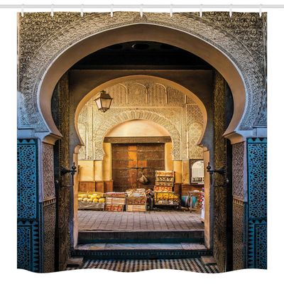 Ambesonne Moroccan Stall Shower Curtain, Typical Moroccan Door to Old Medina Mediterranean Historical Arch Entrance Art, Fabric Bathroom Decor Set with Hooks, 54" W x 78" L, Beige Blue