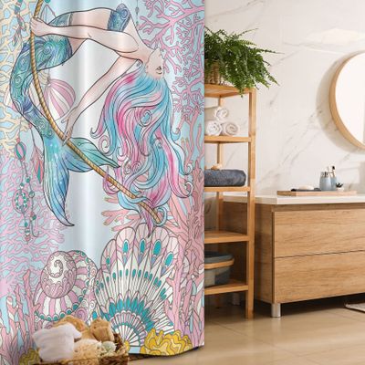 Ambesonne Mermaid Stall Shower Curtain, Cartoon Woman in Sea Sirens of Greek Myth Female Human Tail of Fish Image, Fabric Bathroom Decor Set with Hooks, 36" W x 72" L, Pink Blue