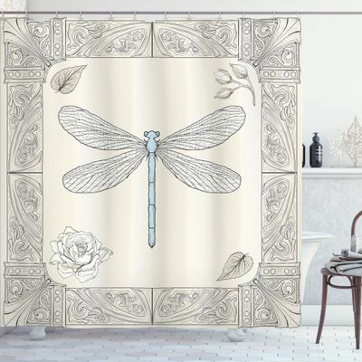 Ambesonne Dragonfly Shower Curtain, Hand Drawn Royal Style Rose Petals Leaves and Ornate Design, Cloth Fabric Bathroom Decor Set with Hooks, 69" W x 75" L, Black Pale Blue