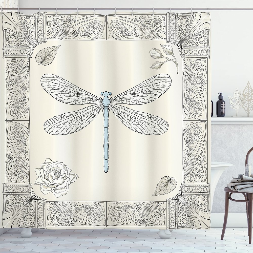 Ambesonne Dragonfly Shower Curtain, Hand Drawn Royal Style Rose Petals Leaves and Ornate Design, Cloth Fabric Bathroom Decor Set with Hooks, 69" W x 75" L, Black Pale Blue