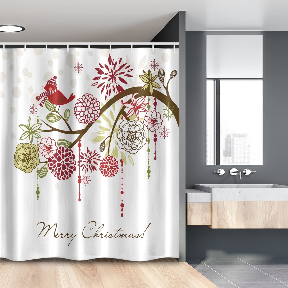 Ambesonne Christmas Stall Shower Curtain, Floral Winter Red Bird Hat and Scarf on Blooming Tree Nature Inspired, Fabric Bathroom Decor Set with Hooks, 54" W x 78" L, Green White