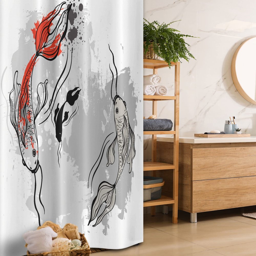 Ambesonne Japanese Stall Shower Curtain, Japanese Style Aesthetic Digital Motley Koi Fish Marine Underwater Theme Print, Fabric Bathroom Decor Set with Hooks, 36" W x 72" L, Orange Grey