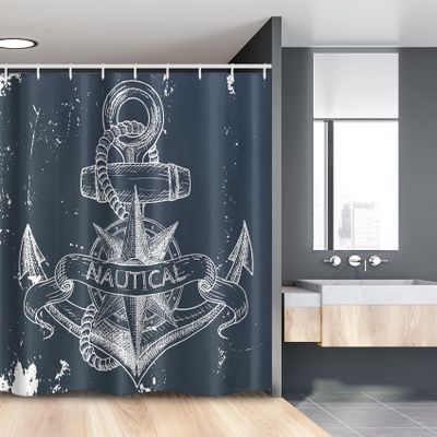 Ambesonne Marine Stall Shower Curtain, Nautical Knot Compass Anchor Pattern Sea World Ocean Life Grunge Illustration, Fabric Bathroom Decor Set with Hooks, 54" W x 78" L, Dark Blue White