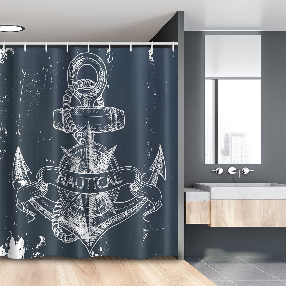 Ambesonne Marine Stall Shower Curtain, Nautical Knot Compass Anchor Pattern Sea World Ocean Life Grunge Illustration, Fabric Bathroom Decor Set with Hooks, 54" W x 78" L, Dark Blue White