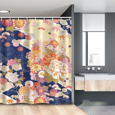 Ambesonne Japanese Stall Shower Curtain, Traditional Kimono Motifs Composition Floral Patterns Vintage Art, Fabric Bathroom Decor Set with Hooks, 54" W x 78" L, Pastel Yellow Multicolor