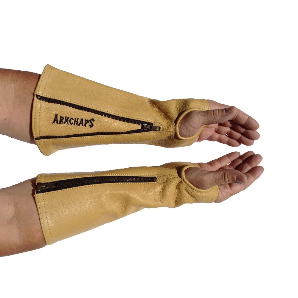 Arm Chaps Leather Protective Sleeves Arm Guard - Prevent Cuts, Scratches & Bruises - Genuine Cowhide - Ideal for Gardening & Construction - Left & Right Form-Fitting. Tan (1 Pair/X-Large).