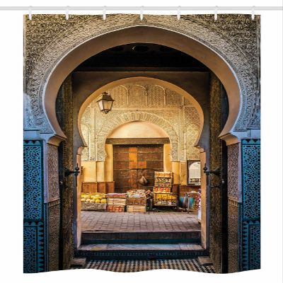 Ambesonne Moroccan Stall Shower Curtain, Typical Moroccan Door to Old Medina Mediterranean Historical Arch Entrance Art, Fabric Bathroom Decor Set with Hooks, 36" W x 72" L, Beige Blue