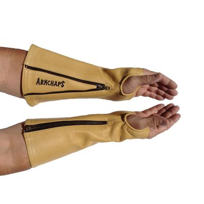 Arm Chaps Leather Protective Sleeves Arm Guard - Prevent Cuts, Scratches & Bruises - Genuine Cowhide - Ideal for Gardening & Construction - Left & Right Form-Fitting. Tan (1 Pair/Medium).