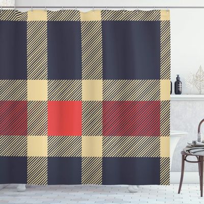 Ambesonne Checkered Shower Curtain, Vintage Plaid Scottish Tartan Pattern with Retro Display Checks Lines, Cloth Fabric Bathroom Decor Set with Hooks, 69" W x 70" L, Dark Blue Coral Cream