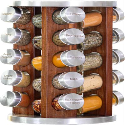 Orii 20 Jar Rotating Dark Acacia Wood Spice Rack with Spices Included & 5-Year Spice Refill Program  Rustic Wood Countertop Spice Rack with Glass Jars
