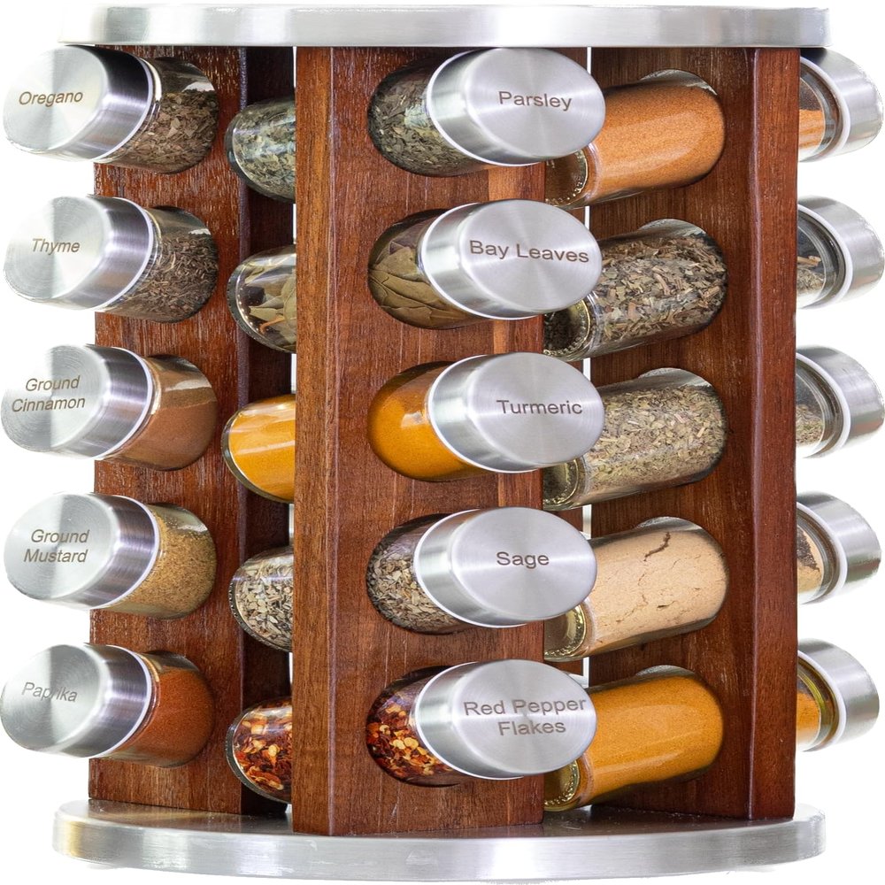 Orii 20 Jar Rotating Dark Acacia Wood Spice Rack with Spices Included & 5-Year Spice Refill Program  Rustic Wood Countertop Spice Rack with Glass Jars