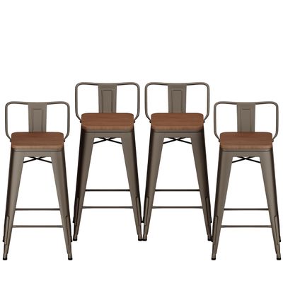 26" Low Back Metal Counter Stool Height Bar Stools with Wooden Seat [Set of 4] for Home Kitchen Barstools