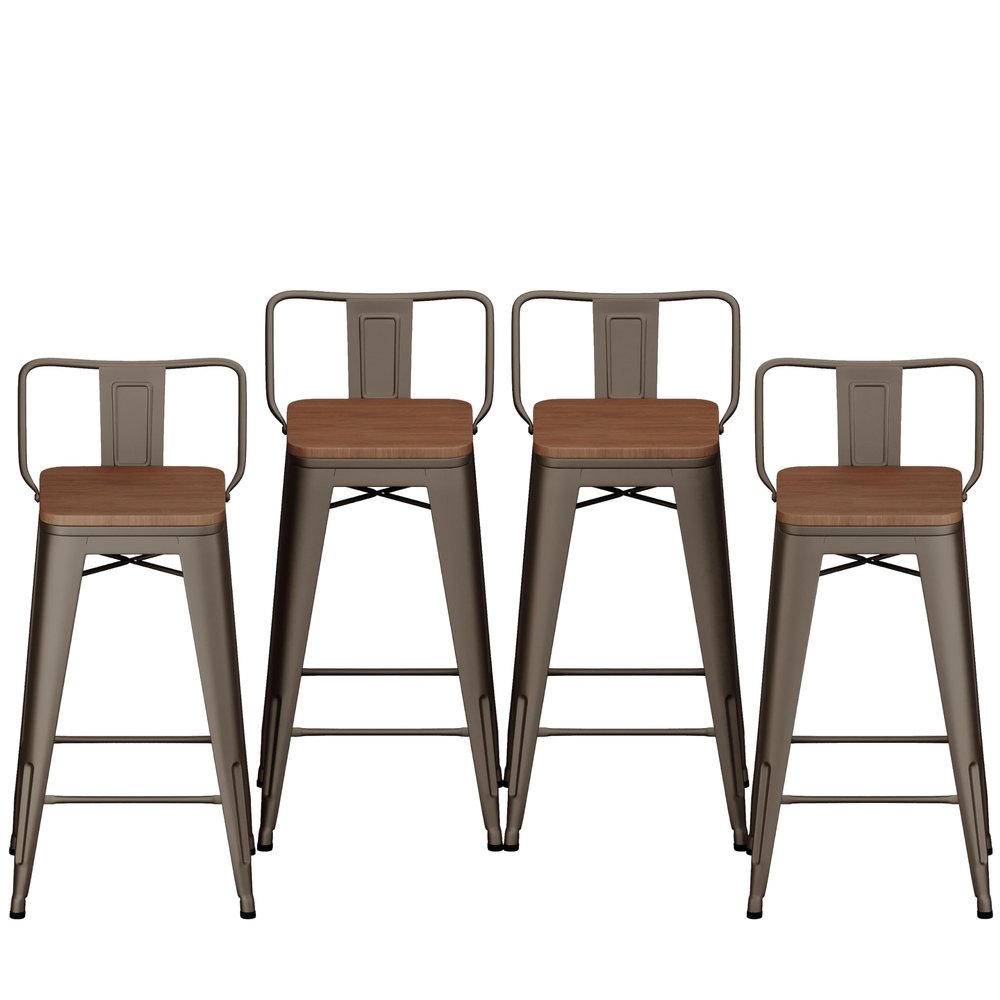 26" Low Back Metal Counter Stool Height Bar Stools with Wooden Seat [Set of 4] for Home Kitchen Barstools