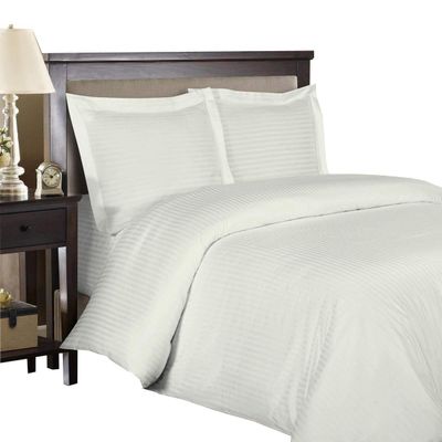 Royal Tradition Stripes Ivory 300 Thread Count Full/Queen Duvet Cover Set 100% Cotton 3PC Comforter Cover Set Button Enclosures