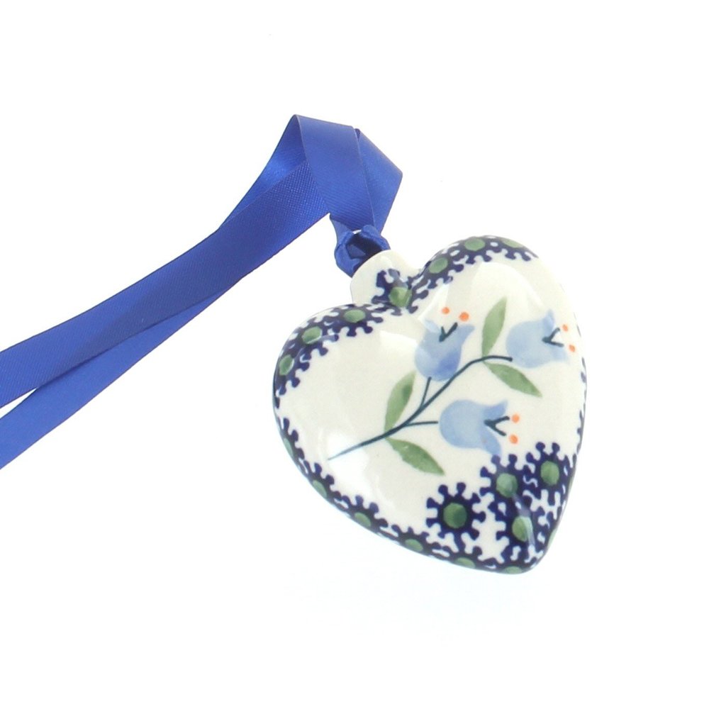 Blue Rose Polish Pottery - Blue Tulip Heart Ornament - 2.5" Tall - Hand-Painted Collectible Decoration