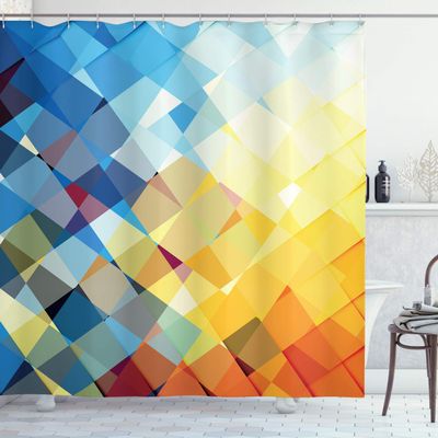 Ambesonne Yellow and Blue Shower Curtain, Ombre Pattern in Factal Squares Broken Mosaic Form Modern, Cloth Fabric Bathroom Decor Set with Hooks, 69" W x 75" L, Blue Orange Yellow