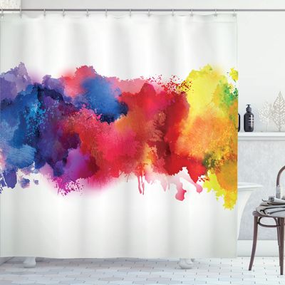 Ambesonne Abstract Shower Curtain, Vibrant Stains of Watercolor Paint Splatters Brushstrokes Dripping Liquid Art, Cloth Fabric Bathroom Decor Set with Hooks, 69" W x 75" L, Yellow Blue
