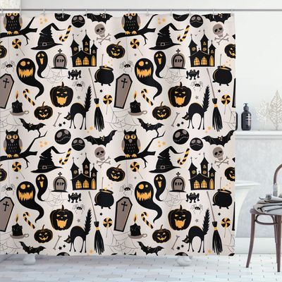 Ambesonne Vintage Halloween Shower Curtain, Halloween Cartoon Jack o' Lantern Tombstone Skulls and Bones, Cloth Fabric Bathroom Decor Set with Hooks, 69" W x 75" L, Grey Pale