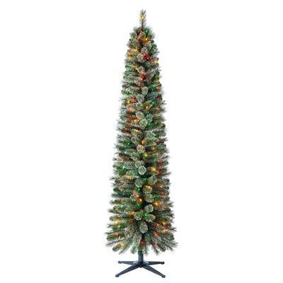Home Heritage 7ft Stanley Slim Pre-Lit Pencil Christmas Tree  Artificial Pine with 350 Multicolor Incandescent Lights and 335 Branch Tips  Indoor Holiday Decor