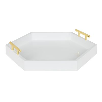 Kate and Laurel Lipton Hexagon Decorative Tray with Polished Metal Handles, White and Gold