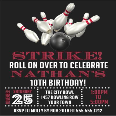 Bowling Birthday Invitation, Bowling Party Invitation, Bowling Tournament Invite with Envelopes (Black/White 2)