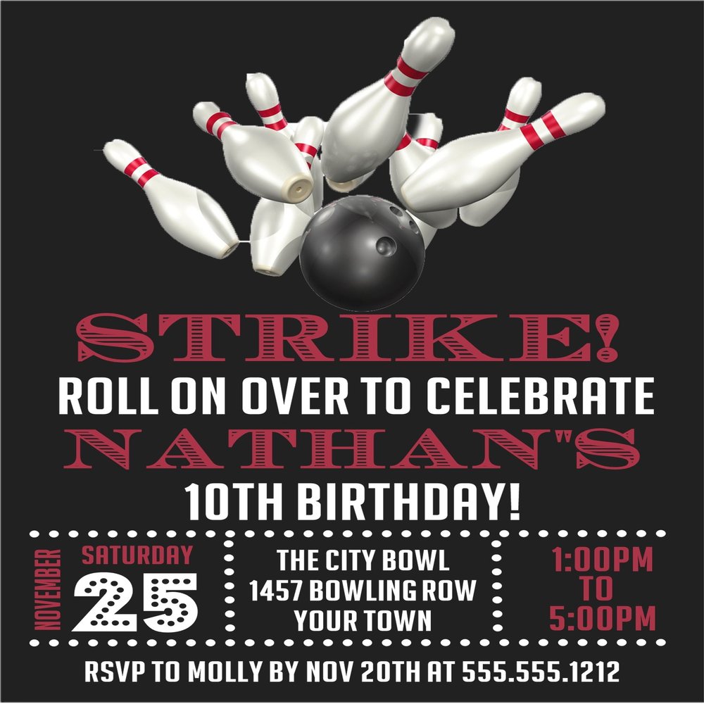 Bowling Birthday Invitation, Bowling Party Invitation, Bowling Tournament Invite with Envelopes (Black/White 2)