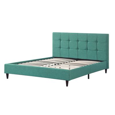 AC Pacific Modern Platform Bedframe With Wooden Slats, King Size, With Square Stitching Tufted Finish, Turquoise
