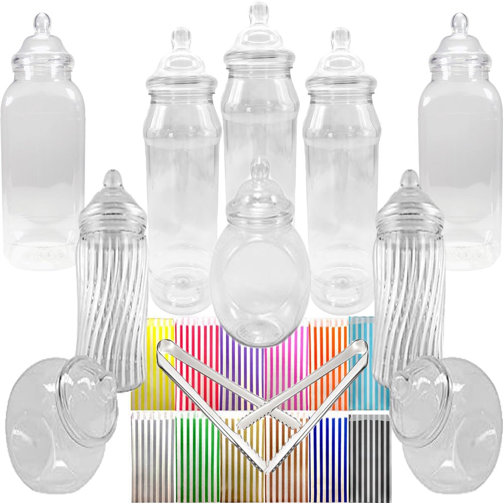 10 Assorted Plastic Sweet Jars, 2 tongs, 50 Bags for Parties, Weddings, Candy Buffet (Pink)