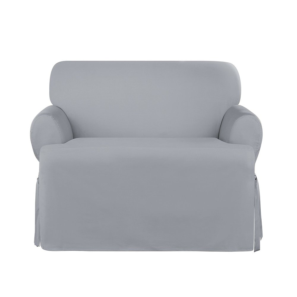 SureFit Heavyweight Cotton Duck T-Cushion Loveseat Slipcovers, Heavyweight Cotton Loveseat Cover, One Piece Design, Loveseat Cover with Seat Elastic and Adjustable Corner Ties, Pacific Blue