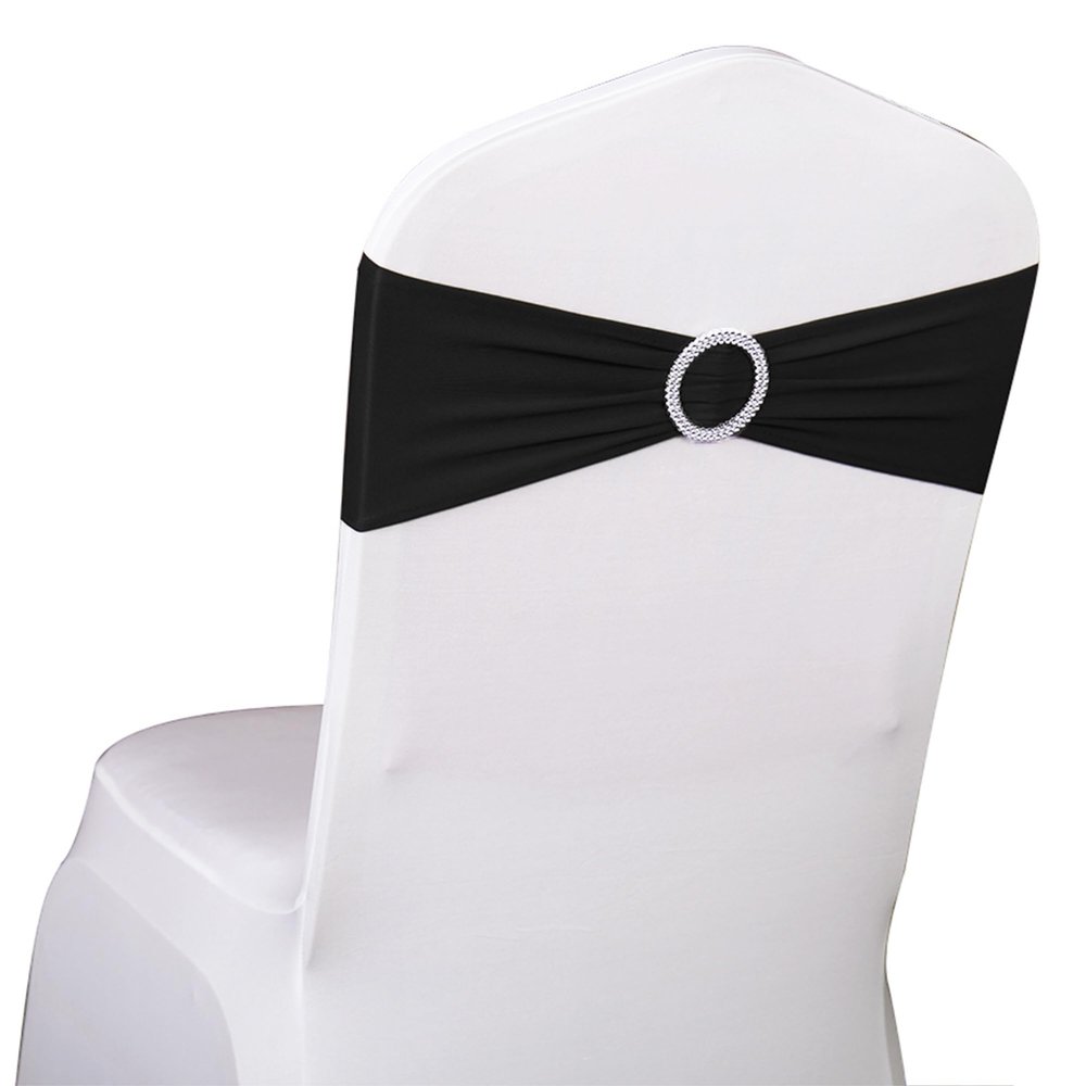 SINSSOWL 50 Pack Spandex Black Chair Sashes with Buckles for Wedding Chairs Bows Bands for Party Birthday Feast Retirement Banquet Restaurant Outdoor Event Decorations
