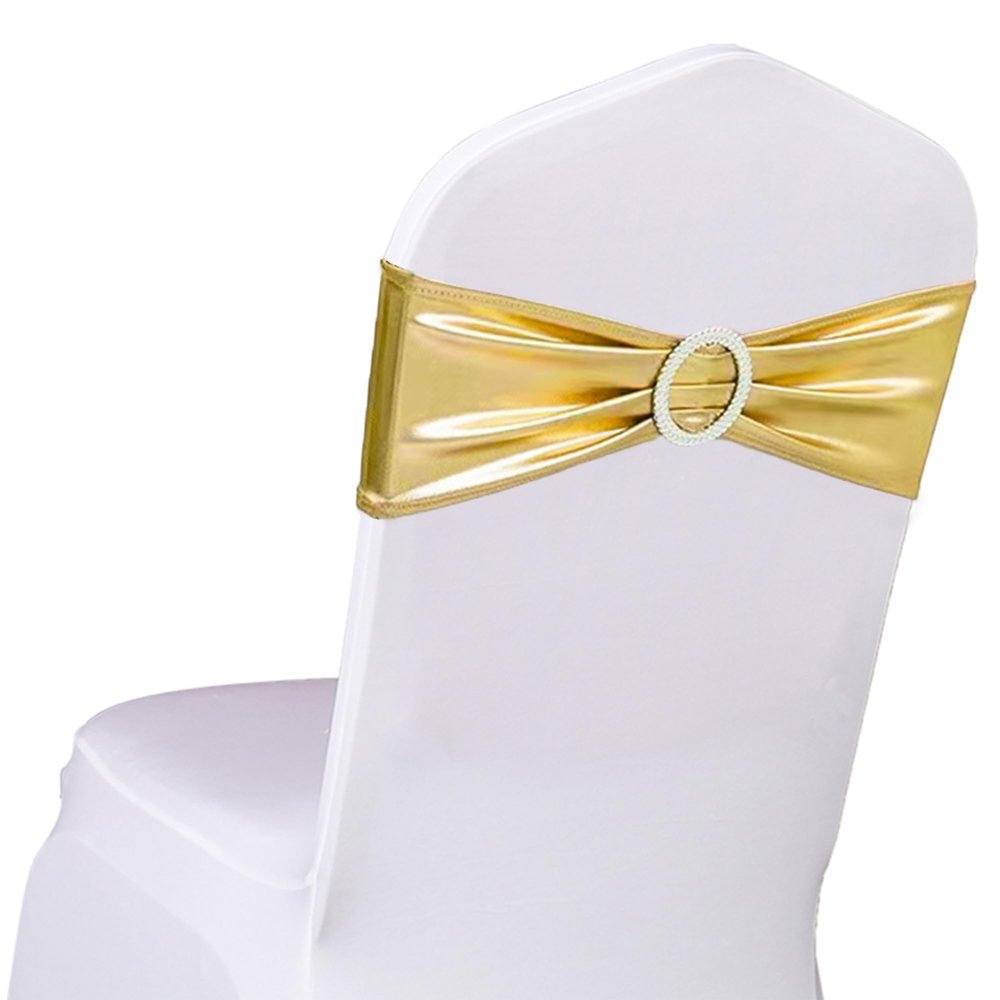 SINSSOWL Pack of 50 Spandex Bronzing Gold Chair Sashes for Wedding - Metal Gold Chair Bows Bands Fitting Birthday Party Anniversary Bridal Shower Event Decorations