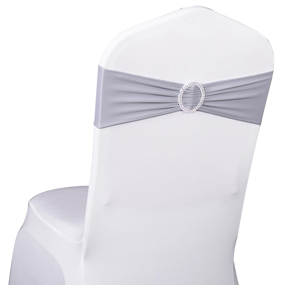 SINSSOWL 50 Pack Spandex Silver Grey Chair Sashes with Slider Buckles for Wedding Chairs Bows Bands for Party Feast Banquet Engagement Anniversary Bridal Shower Event Decoration