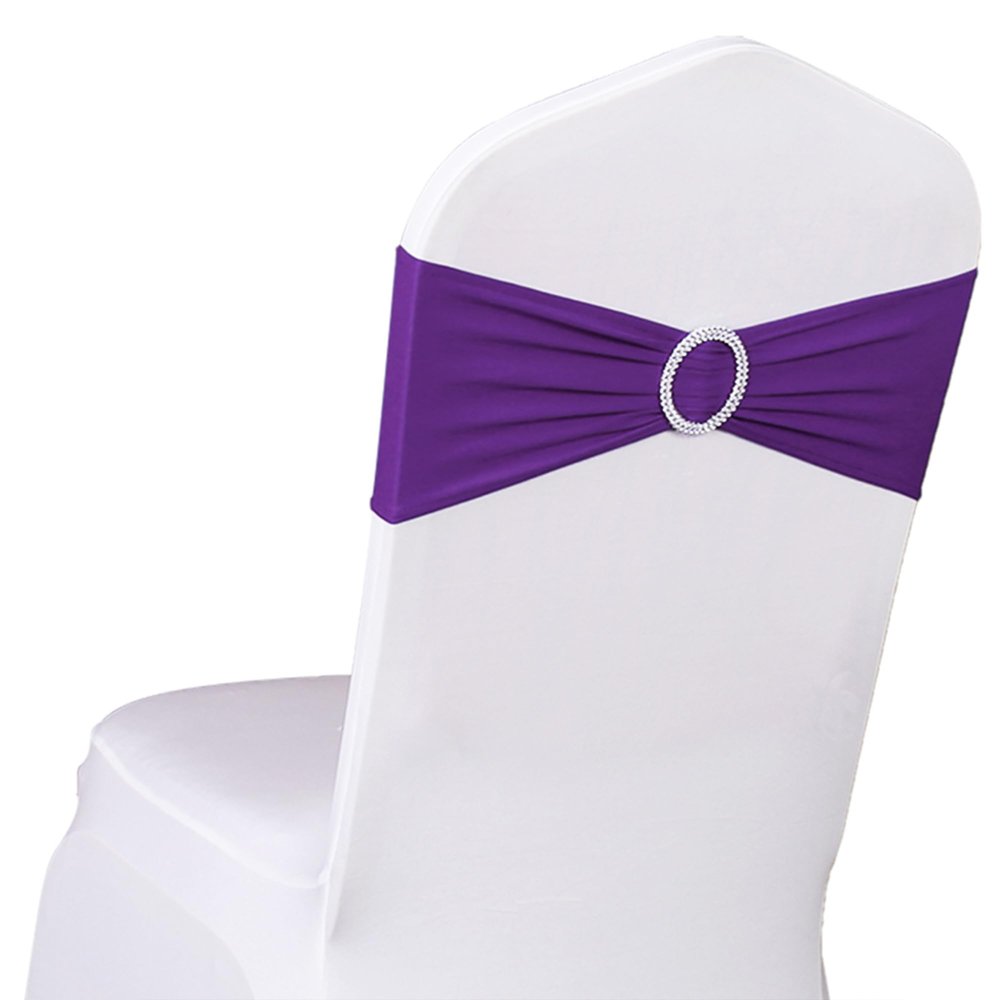SINSSOWL 50 Stretch Spandex Purple Chair Sashes for Wedding Chairs Bows Bands with Slider Buckles Fitting Party Feast Banquet Restaurant Event Bridal Baby Shower Decoration