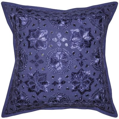 Indian Embroidery Work Handmade Cotton Pillow Case, Mirror Cushion Cover, Decorative Sofa Boho Chic Bohemian Pillow Throw (16x16) inch (Blue)