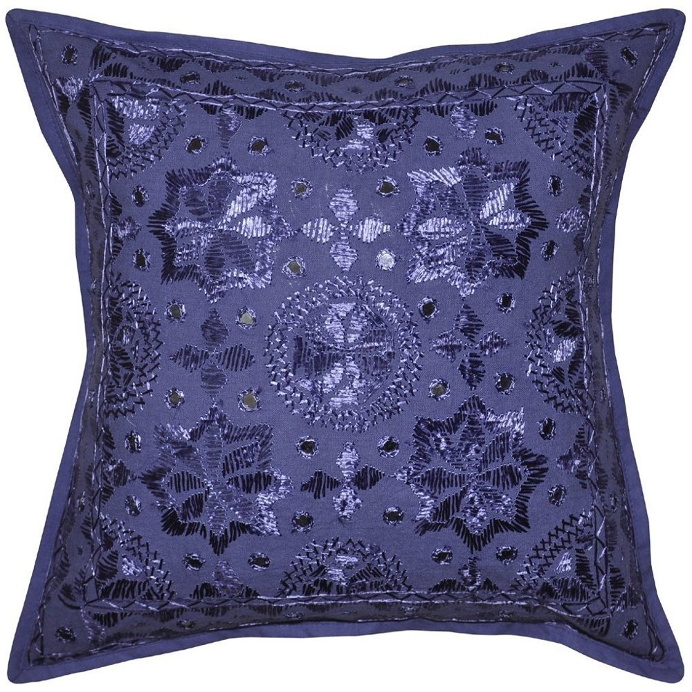 Indian Embroidery Work Handmade Cotton Pillow Case, Mirror Cushion Cover, Decorative Sofa Boho Chic Bohemian Pillow Throw (16x16) inch (Blue)