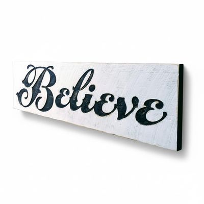 Believe Sign - Carved in Solid Wood | Rustic Distressed Finish | Farmhouse Vintage Style | Christmas Decoration | Handmade in NC | 40" x 10"