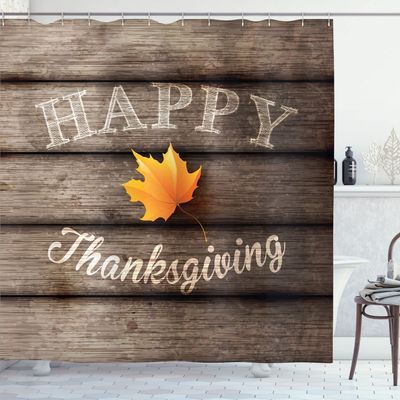 Lunarable Thanksgiving Shower Curtain, Greeting Text Typography Design Sketchy Hand Written with Maple Leaf, Cloth Fabric Bathroom Decor Set with Hooks, 69" W x 75" L, Umber Cream Marigold